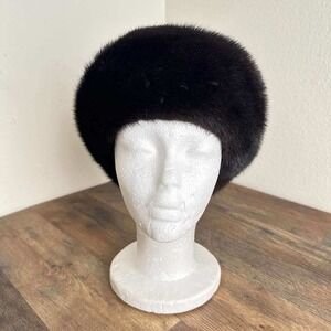 Vintage Mink Fur Pillbox Hat Dark Brown Luxury Women Size XS 6 3/8 Don Anderson